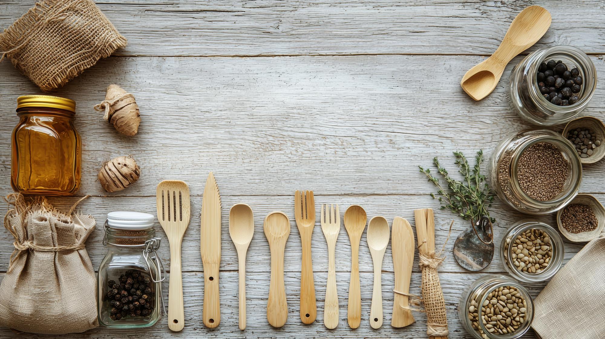 Arrangement of jars, spices and cooking tools